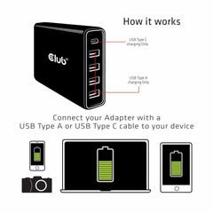 Club3D USB and USB-C Power Charger/5 Ports up to 111W USB-C Charging Cable Inclusive Black