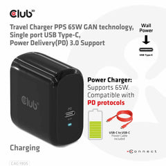 Club3D Travel Charger PPS 65W GAN Single Port USB-C and Power Delivery 3.0 Support Black