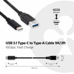 Club3D USB-C 3.1 Gen 2 Male (10Gbps) to USB Male Cable 1m/3.28ft Black