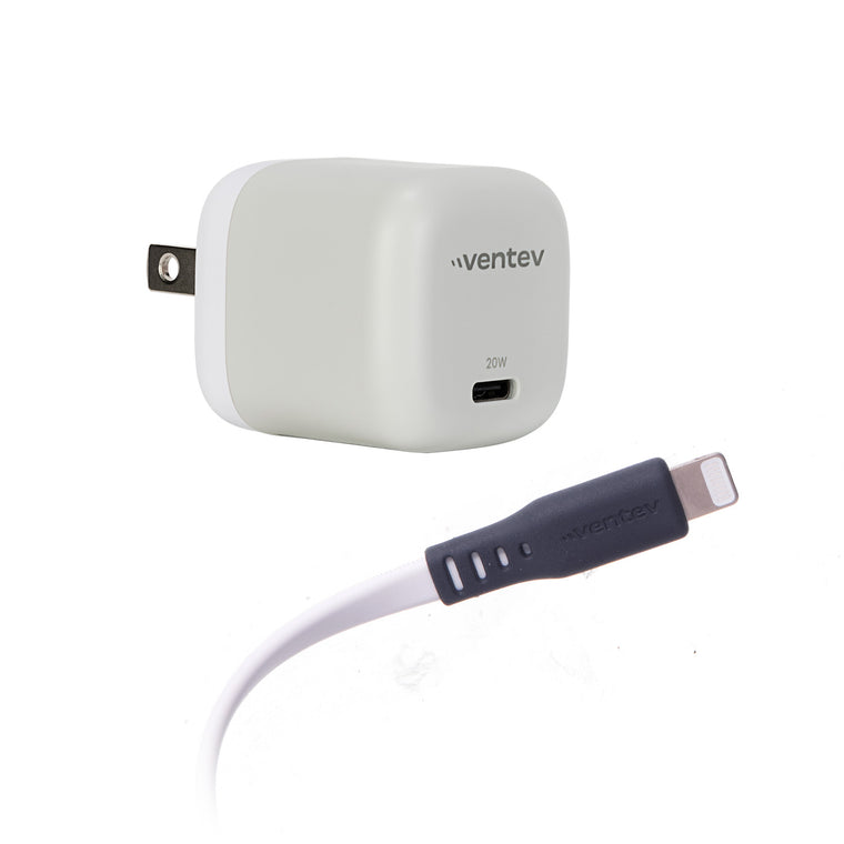 Ventev Mini Wall Charger USB-C  20W Power Delivery and USB-C to Lightning Cable 3.3ft White